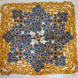 CHANEL Blue and Gold Floral Crochet Silk Scarf
